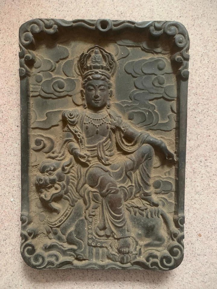 Madeira tibetana grande de 8,7 polegadas esculpida à mão *Bodhisattva na besta* TangKa - Imagem 1 de 4