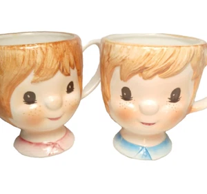 Vintage Face Mugs Cups 1960's Japan Children Freckled Face Girl And Boy - Picture 1 of 15