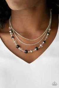Collar Paparazzi "Tour de Demure" Capas Plata Cristal y Cuentas Negras - Imagen 1 de 3