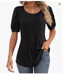 Women’s Black T-Shirt Puff Short Sleeve XL Tunic Tops Pleated Crew Neck Blouses - Picture 1 of 7