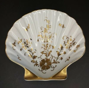 Hand Painted Shell Trinket/Soap Dish Limoge FRANCE - White and Gold - Flowers  - Picture 1 of 7