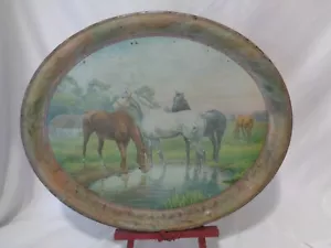 Antique Victorian Foxhunting Horses Metal Toleware Serving Platter 16.5 in. - Picture 1 of 11