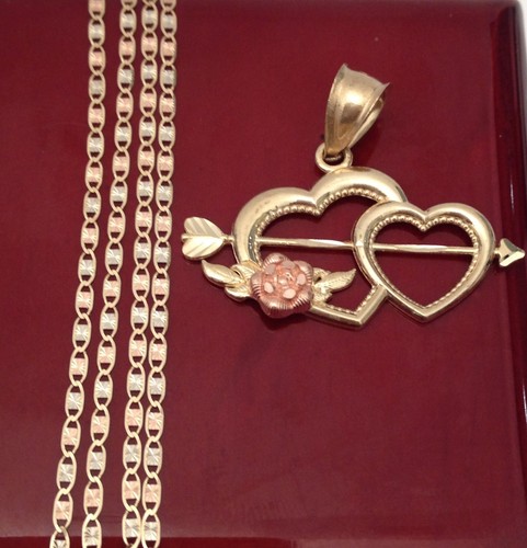 Ciondolo pendente fiore freccia due cuori oro rosa giallo 14 kt catena Valentino 18"