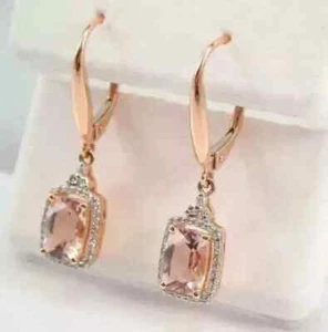 Morganite 3Ct Cushion Cut Lab-Created Dangle-Drop Earrings 14K Rose Gold Plated - Foto 1 di 7