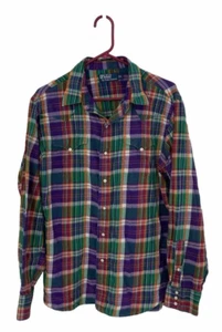 Men's VTG Polo Ralph Lauren Purple Green Madras Plaid Flannel Snaps Size Large - Picture 1 of 7