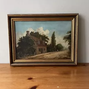 Small Antique Original Oil Painting Country House Framed Canvas 1917 Signed - Picture 1 of 14