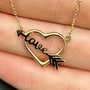 14K Yellow Gold Heart Love Arrow Necklace (Solid Links) 16"-18" Adjustable - Picture 1 of 9