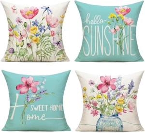 Spring Outdoor Throw Pillow Covers 18X18 Set of 4 Summer Garden Flowers Farmhous - Picture 1 of 12