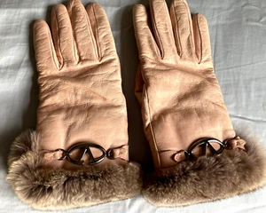 RARE VALENTINO GARAVANI GLOVES PINK CALFSKIN LEATHER FUR CASHMERE LINE LOGO Sz8 - Picture 1 of 12