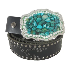 Unbranded Womens L Black Leather Turquoise Blue Chunks Rhinestone Tooled Belt - Picture 1 of 9