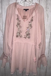Roamans 28W Pink Blush Pullover Blouse Floral Embroidered Sequins Boho NEW - Picture 1 of 8