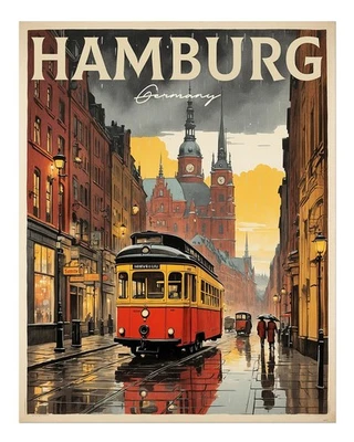 Vintage Hamburg Tram Wall Art Poster, Urban Rainy Street Scene - Image 1 of 4