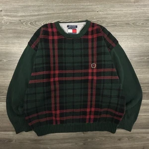 Suéter Tommy Hilfiger De Colección Para Hombres XL Verde Rojo Tartán Escocés Cresta Cuello Redondo Años 90 - Imagen 1 de 6