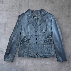 Gil Bret Vintage Black Leather Floral Blazer Jacket Size UK 12 Fitted Structured - Bild 1 von 14