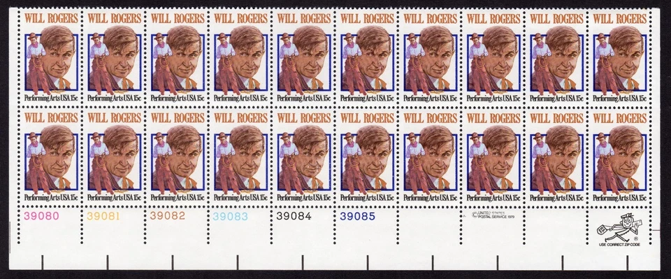 Scott #1801 Will Rogers Plate Block of 20 Stamps - MNH LL - Image 1 of 1