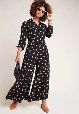 by Anthropologie Womens Size 10 Loveland Black Tan Polka Dot Wide Leg Jumpsuit - Image 1 of 4