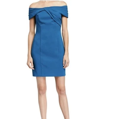 Nuevo Mini Vestido de Cóctel Aidan Mattox Azul Twist Crepe Fuera del Hombro 8 Foto 1 de 4