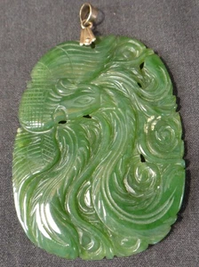 Vintage Chinese Translucent SPINACH Green Jadeite Jade Dragon & Bird Pendant 14K - Picture 1 of 5