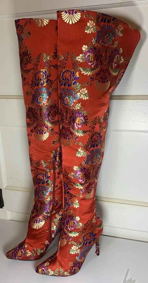 Anne Michelle Womens Over The Knee Boots Size 8-1/2 Red Floral Stiletto - Image 1 of 4