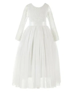 V-Back Lace Flower Girl Dress with Sleeves Communion Dress Girls Formal Dresses - Picture 1 of 19