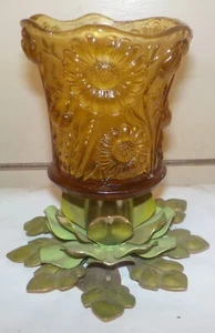 Vintage Petal Candle Holder Metal Gold Tone w Amber Glass Peg Holder - Picture 1 of 9