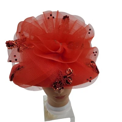 Vintage Ms Divine Red Hat Church Derby Netted Bow Flower Sequin Applique Sraw - Image 1 of 4