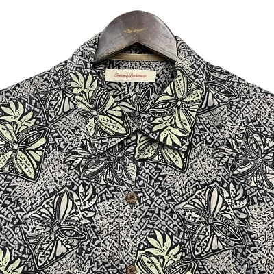 Tommy Bahama Men's Sz L Button Front Hawaiian S/S Taupe/Black Aztec Floral Shirt - Image 1 of 4