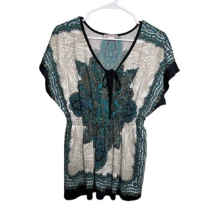 Claudia Richard Blouse Women's Large V-Neck Short Sleeve Y2k Printed Shirt - Picture 1 of 8