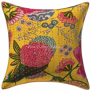 Indian Cotton Throw Pillow Cover Yellow 16 Inch Kantha Decorative Cushion 1 Pc - Picture 1 of 5