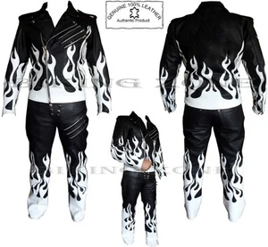 FLAME SKELET BLACK & WHITE MENS MOTORBIKE / MOTORCYCLE / FASHION  LEATHER SUIT - Picture 1 of 4