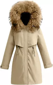 Damen Elegant Wintermantel lang Winterparka mit Fell Kapuze Gr. M Khaki - Bild 1 von 5