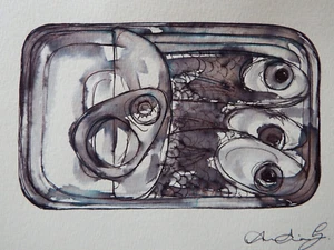 Original pen & ink wash drawing of a tin of sardines pilchards sprats fish - Picture 1 of 10