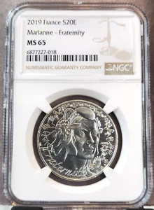 2019 FRANCE SILVER 20 EURO MARIANNE FRATERNITY NGC MS 65 GEM BU TOP POP 1 - Picture 1 of 3
