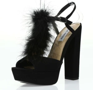 Steve Madden Tricia schwarze Damen-Sandalen offene Zehenpartie Schnallen Kunstfell Größe 7,5 M - Bild 1 von 6