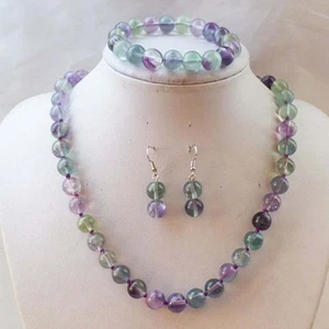 8mm Multicolor Fluorite Round Beads Gemstone Necklace Bracelets Earring Set 18'' - Picture 1 of 5