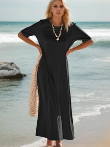 Women's Casual Crewneck Short Sleeve Maxi Dress Long T-Shirt Dress with Pockets# - Picture 1 of 14