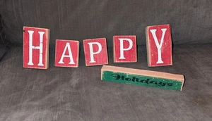 Christmas Blocks Happy Holidays Red and Green Wood Letters - Picture 1 of 4