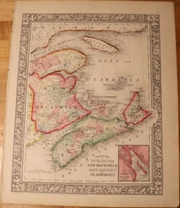 1860 Nova Scotia, New Brunswick Mitchell's map 15.4" x 12.6" Antique - Authentic - Picture 1 of 3