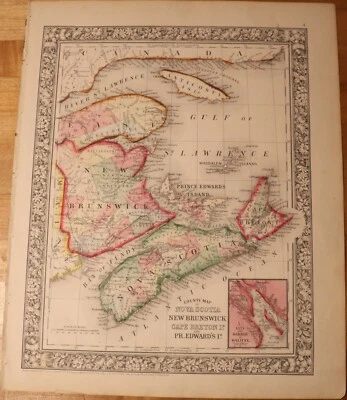 1860 Nova Scotia, New Brunswick Mitchell's map 15.4" x 12.6" Antique - Authentic - Image 1 of 3