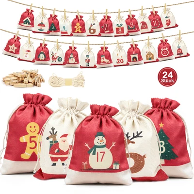 Adventskalender zum Befüllen 24 Stk.Jutebeutel Weihnachtskalender Stoff Säckchen - Bild 1 von 4