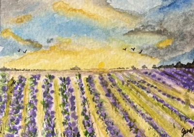 Pintura original aquarela paisagem brilhante ACEO, arte minúscula, ATC lavanda - Imagem 1 de 2