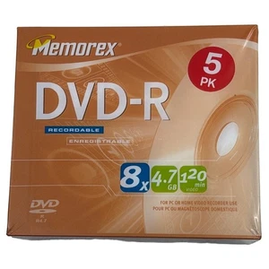 Memorex DVD-R 5 Pack 4.7GB 120 Min 8x Recordable Discs New Sealed - Picture 1 of 2