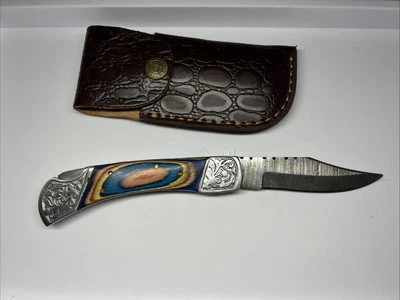 MHSCutlery Hand Forged DAMASCUS Steel Folding Lock back Knife W/Sheath Lot 145 - Image 1 of 4