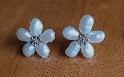 Sterling Silver Cultured Pearl Flower Form Earrings w Omega Backs Ross Simons - Image 1 of 4
