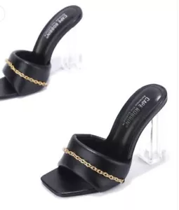 Sandalias de mula CAPE ROBBIN Cherie con cadena dorada cuadradas de tacón Lucite talla 8,5 negras - Imagen 1 de 9