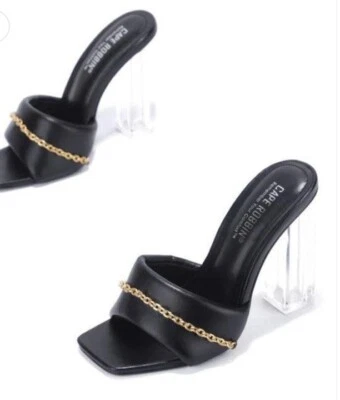 CAPE ROBBIN Cherie Gold Chain Square Lucite Heeled Mule Sandals Size 8.5 Black - Image 1 of 4