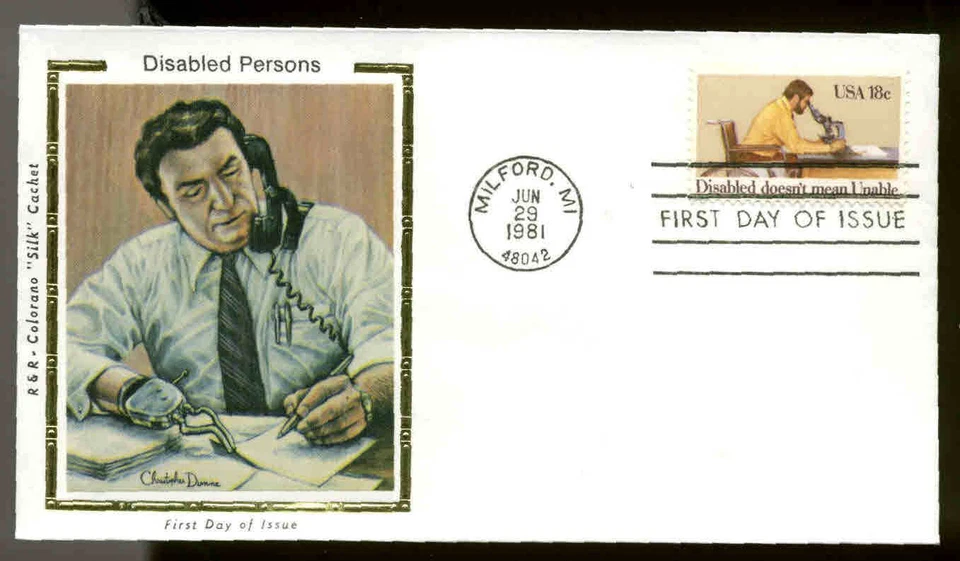 U.S. FDC #1925 R & R COLORANO "SILK" CACHET MILFORD, MI DISABLED PERSONS WORKING - Image 1 of 1