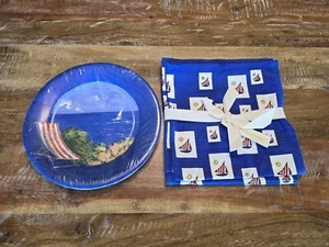 NWT Cloth Blue Cotton Napkins Set of 4 Sailboat Nautical 20"×20", 8 Paper Plates - Picture 1 of 6