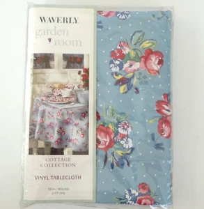 Waverly Garden Room Vinyl Tablecloth 70 Inch Round Blue Pink Floral Cottagecore - Picture 1 of 5