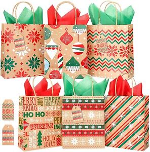 Colorbib 32pcs Christmas Kraft Gifts Bags 7.3" x 3.5" x 9" Favor Bags and Papper